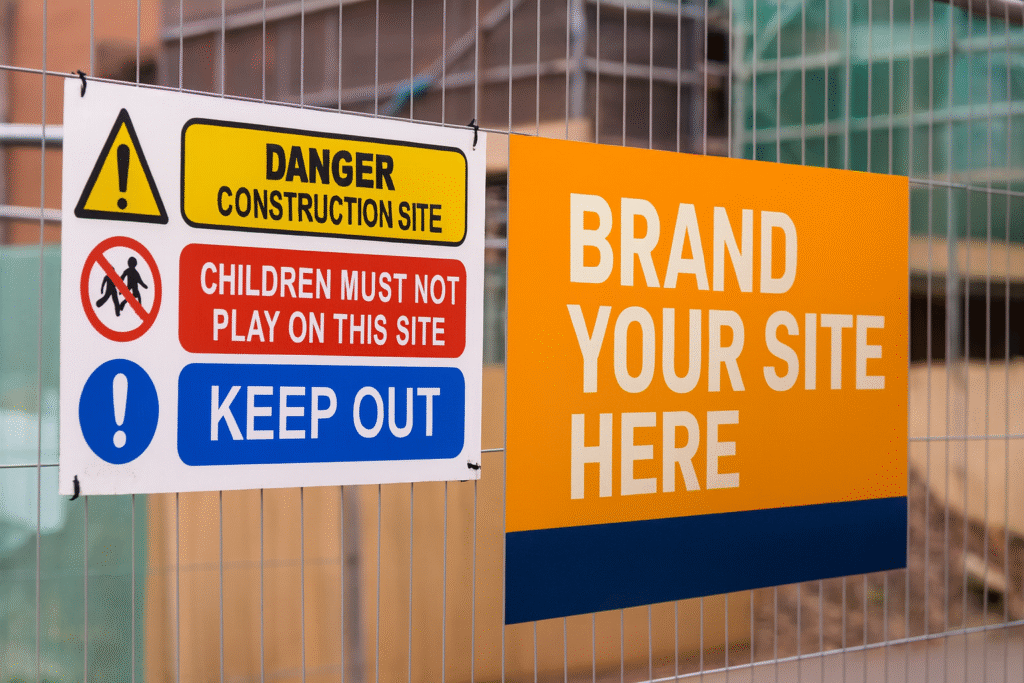 Construction signage guidance example showing a safety sign on site fencing reading “Danger Construction Site, Children Must Not Play, Keep Out” alongside a branded panel with the message “Brand Your Site Here” in orange and blue.