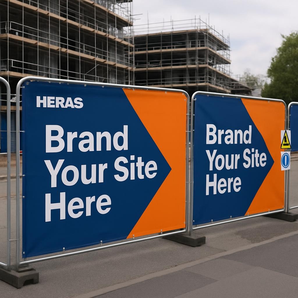 Branding & Signage Guides: UK construction site with Heras fencing fitted with printed Heras covers. Covers alternate between bright orange and blue branded panels saying ‘Brand Your Site Here’ and health and safety panels in red, yellow, green and white showing safety icons. Brick houses under construction with scaffolding in the background.