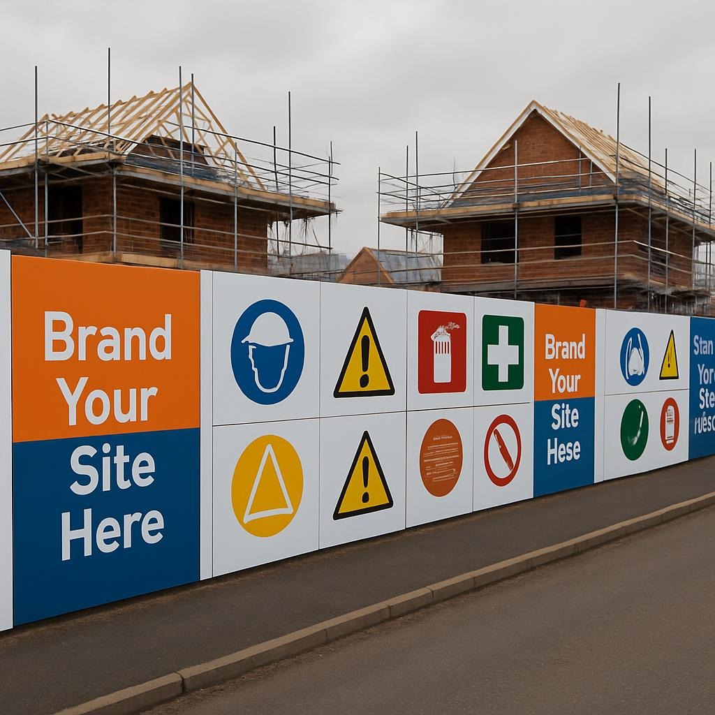 Branding & Signage Guides: UK house builder construction site with branded Dibond (ACM) hoarding panels. Panels alternate between orange and blue branding that says ‘Brand Your Site Here’ and colourful health and safety signage panels in red, yellow, green and white with safety icons. Partially built brick houses and scaffolding in the background.