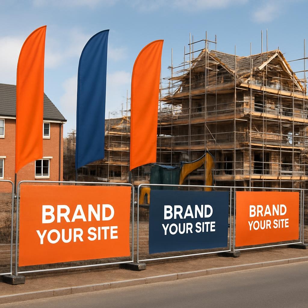UK house building site with branded banners on fencing and feather flags reading “Brand Your Site” in orange and blue, with new homes under construction in the background